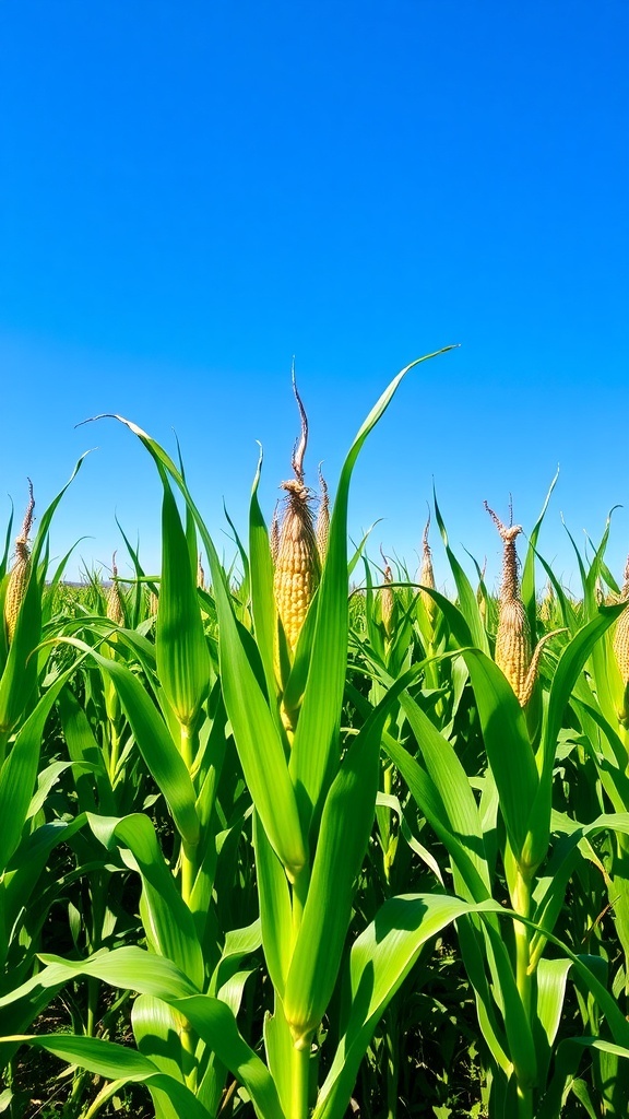 A thriving cornfield with tall green corn plants under a sunny sky.